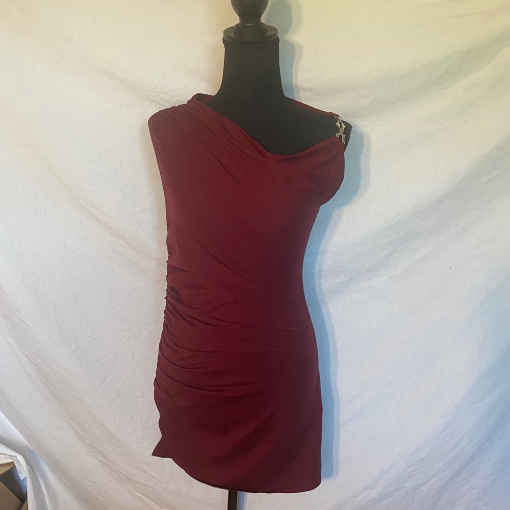 Miaou Shiloh Dress Womens Medium Rus Burgundy One Shoulder Ruched Mini Dress NEW